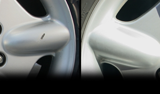 an image in two halves, the left shows an alloyt whell with a scratch and the right halve shows the wheel with the scrath removed.