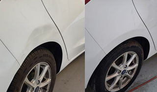 a comparison image between an area of damage and after the repair to a white car to the offside rear wheelarch